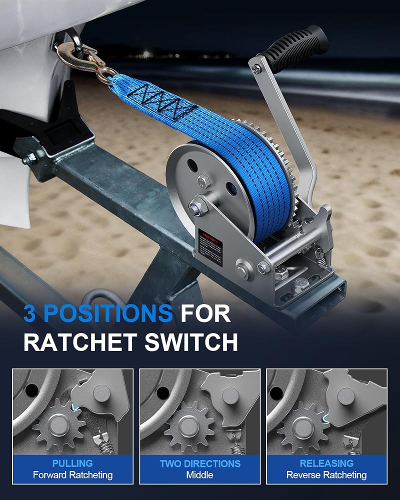 1600 lb Boat Trailer Winch with Strap - Hand Winch for Boat, ATV