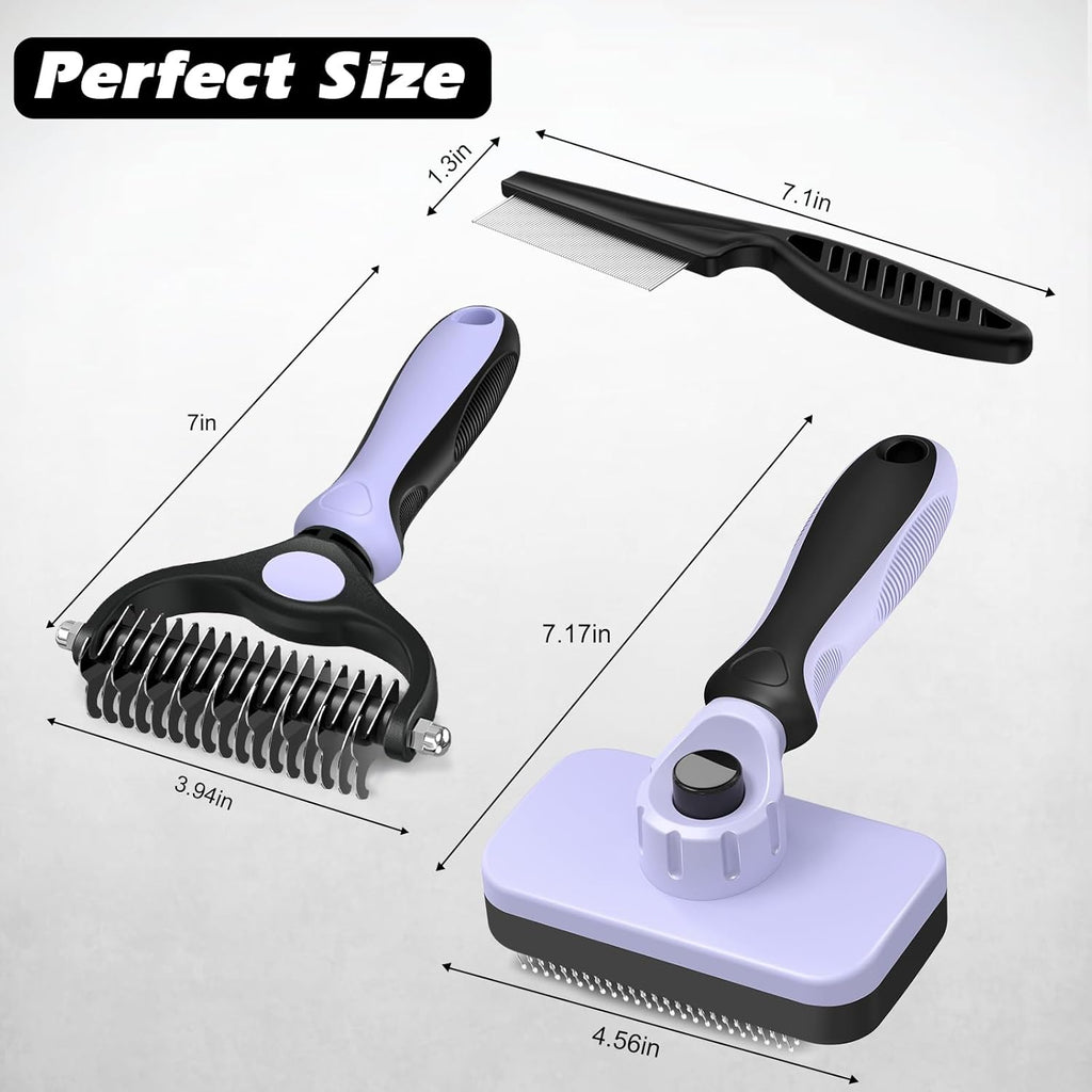 Skiennix Self-Cleaning Slicker Brush Set - Pet Grooming Rake & Flea Comb for Dogs, Cats, Horses | Light Purple