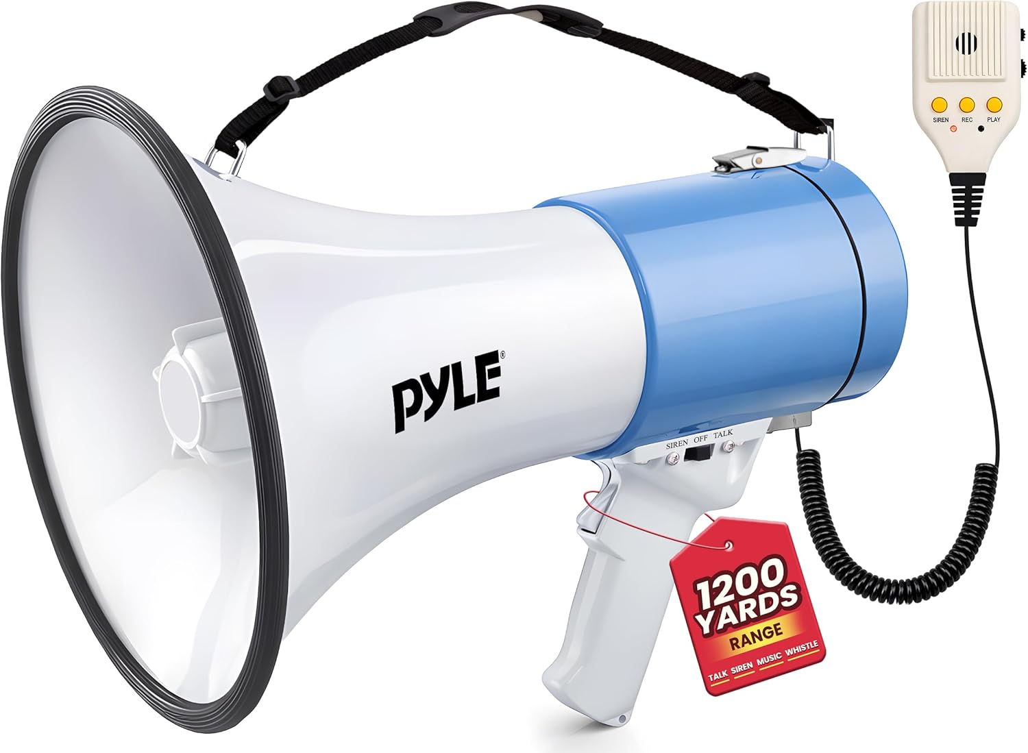 Pyle 50W Megaphone Bullhorn - Portable with Adjustable Volume & Siren | Projects Up to 1200 Yards