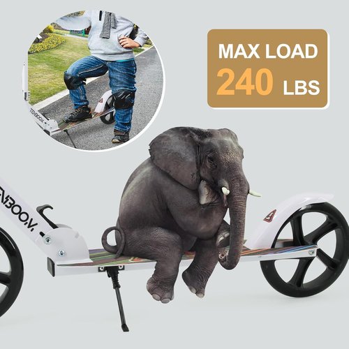 Kick Scooter for Ages 6+, Kids, Teens & Adults. Max Load 240 LBS. 8IN Big Wheels for Kids, Teens & Adults, 3 Adjustable Levels (White)