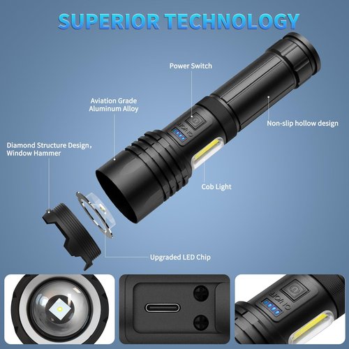 BEFAMALI Rechargeable Flashlights High Lumens, 99000 LM Super Bright Flashlight with 7 Modes, Adjustable Powerful Flash Light with COB Light, Waterproof Handheld Flashlight for Home Camping Hunting