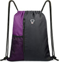 BeeGreen Purple Drawstring Backpack - Large Cinch Sack Gym Bag with Zipper & Mesh Pockets, 16 x 20 Inch