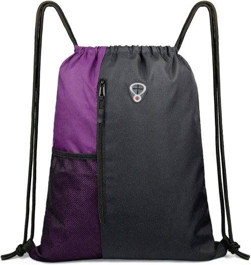 BeeGreen Purple Drawstring Backpack - Large Cinch Sack Gym Bag with Zipper & Mesh Pockets, 16 x 20 Inch