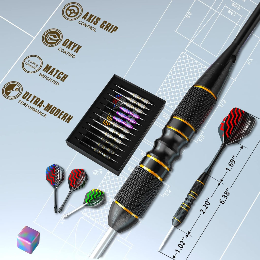 Turnart Darts Metal Tip Set - Professional Steel Tip Darts 12 Pcs with Stylish Case & Extra Flights