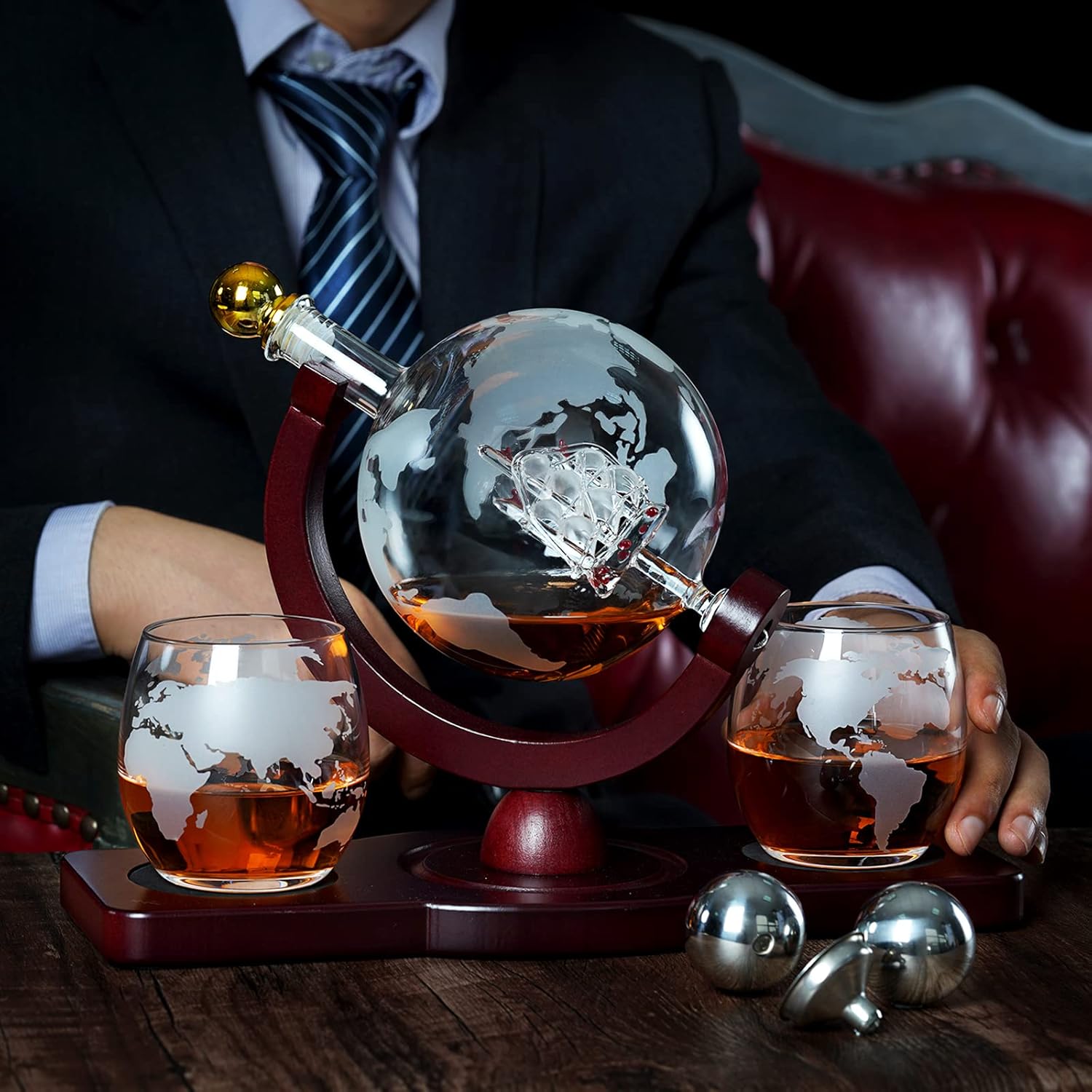 PONPUR Whiskey Decanter Globe Set - Includes 2 Glasses & 2 Ball Stones | Perfect Gift for Men, Dads & Husbands
