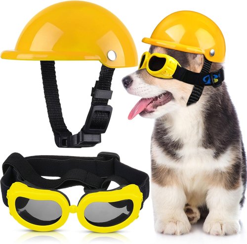 Frienda Dog Helmet & Goggles - UV Protection Sunglasses with 4-Inch Padded Helmet for Small Dogs | Yellow, Size S