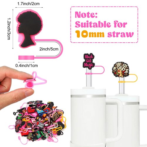 Ovveroche 50 Pcs Pink Black Girl Straw Cover Caps Compatible with Stanley Cup, Silicone Cute Reusable Straw Toppers for Cups 30&40 Oz Tumbler Accessories 10mm