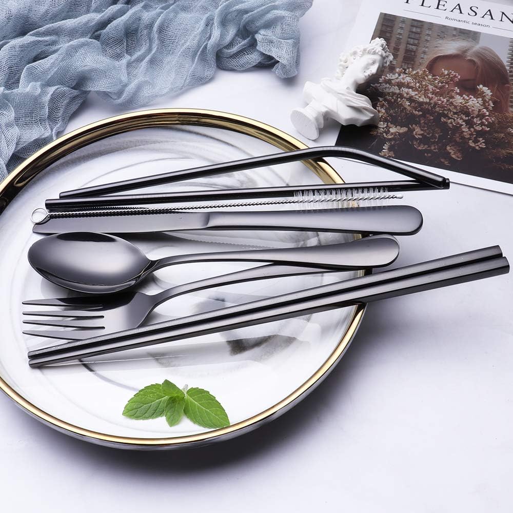 Skiennix Travel Utensils Set - 8-Piece Reusable Stainless Steel Cutlery for Lunchbox & Camping - Portable & Dishwasher Safe - Black