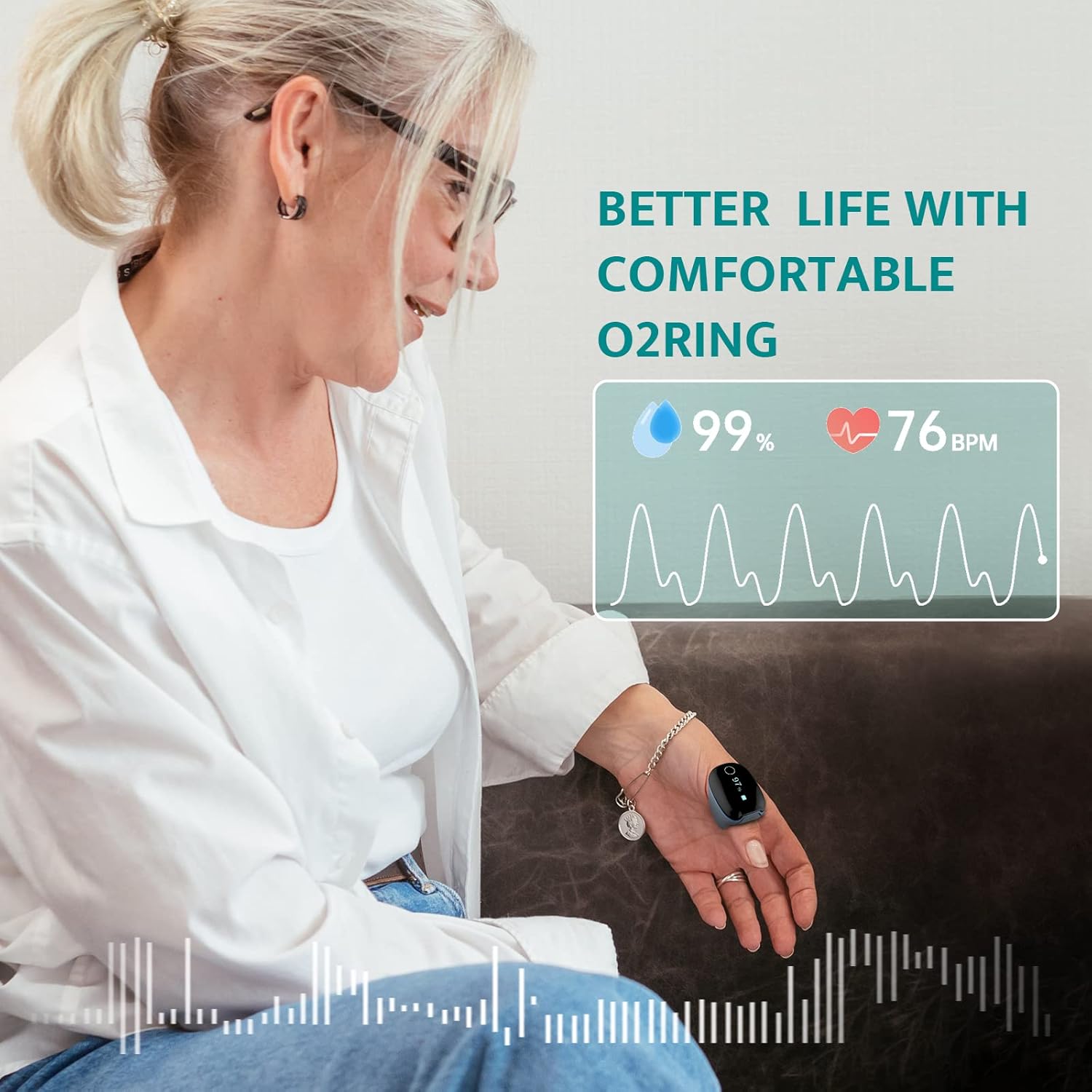 Wellue O2Ring Pulse Oximeter - Bluetooth Rechargeable Oxygen Monitor with Continuous Tracking & Free App