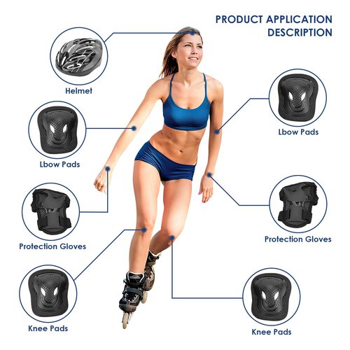 SunshineFace 7pcs Adult Roller Skating Protection Gear Set, Knee Pads + Elbow Pads + Gloves + Helmet