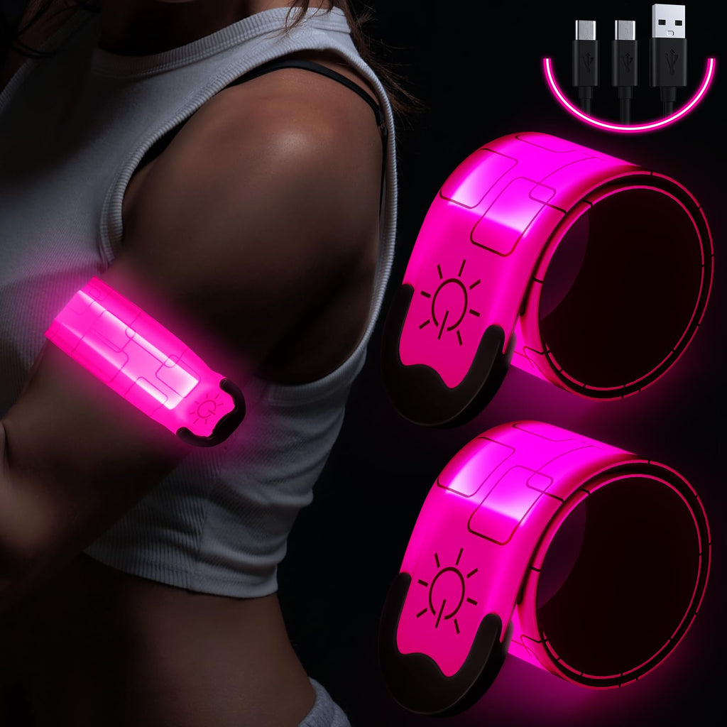 Simket Reflective LED Armband Rechargeable for Running(2 Pack), Running Lights for Runners, Running Lights, High Visibility Reflective Running Gear Adjustable Light Up Arm Bands for Men Women Kids