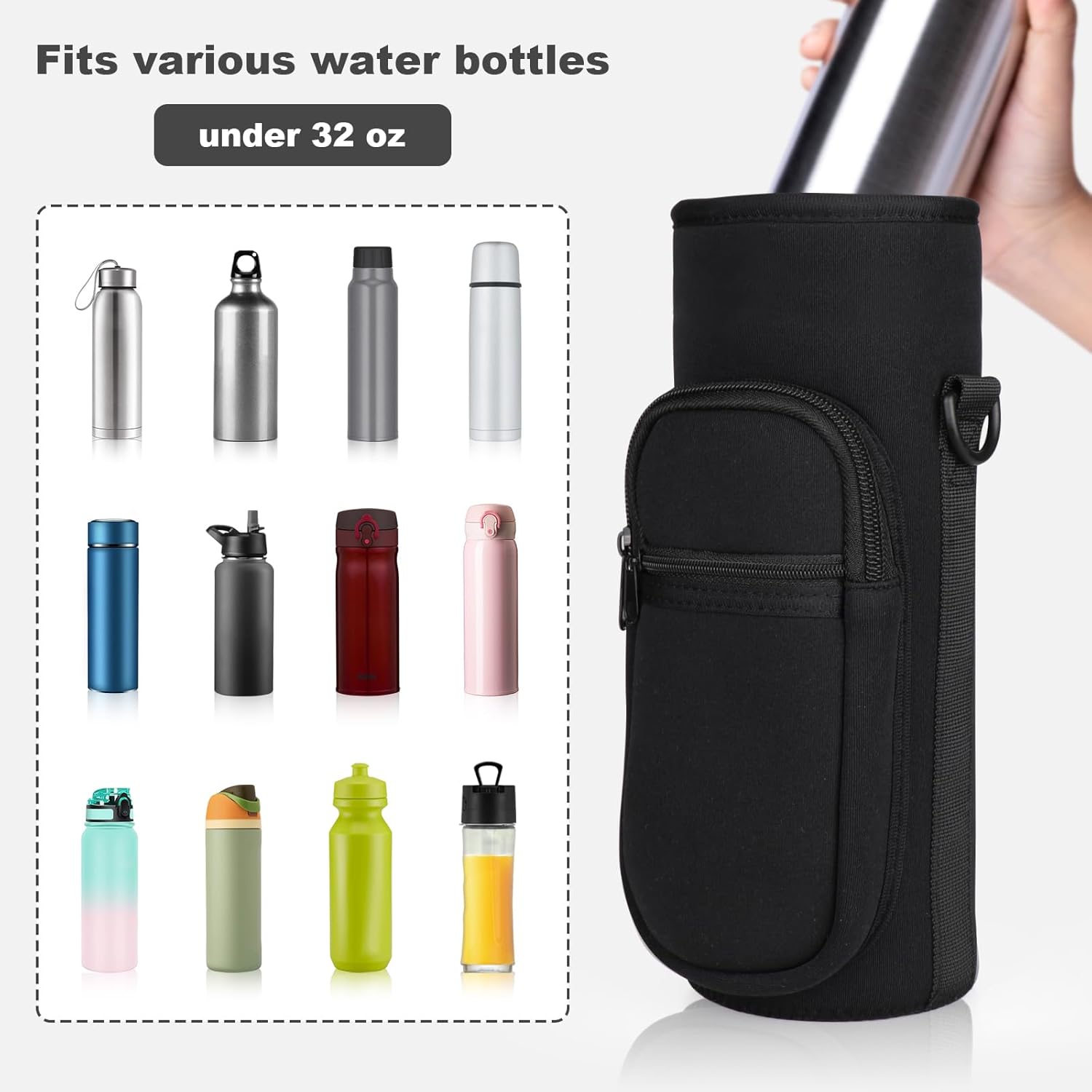 Skiennix Water Bottle Holder - Insulated Neoprene Carrier Bag with Phone Pocket | Fits 32/40 oz Bottles
