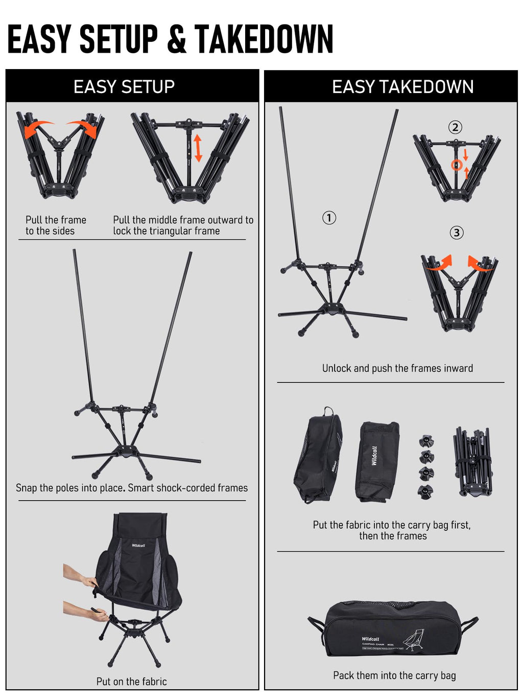 WildCall Lightweight Folding High Back Camping Chair with Head Support, Compact Beach Chair with Anti-Sinking Large Feet and Three Tilt Angles Adjustment