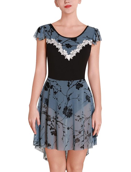 ODASDO Ballet Dress Women Dance Leotard Butterfly Flocked Ruffle Cap Sleeve Mesh Tulle Skirted Leotards Lyrical Dancewear Teen Girls Aerobics Training Outfit Ballerina Stage Performance Dusty Blue XS