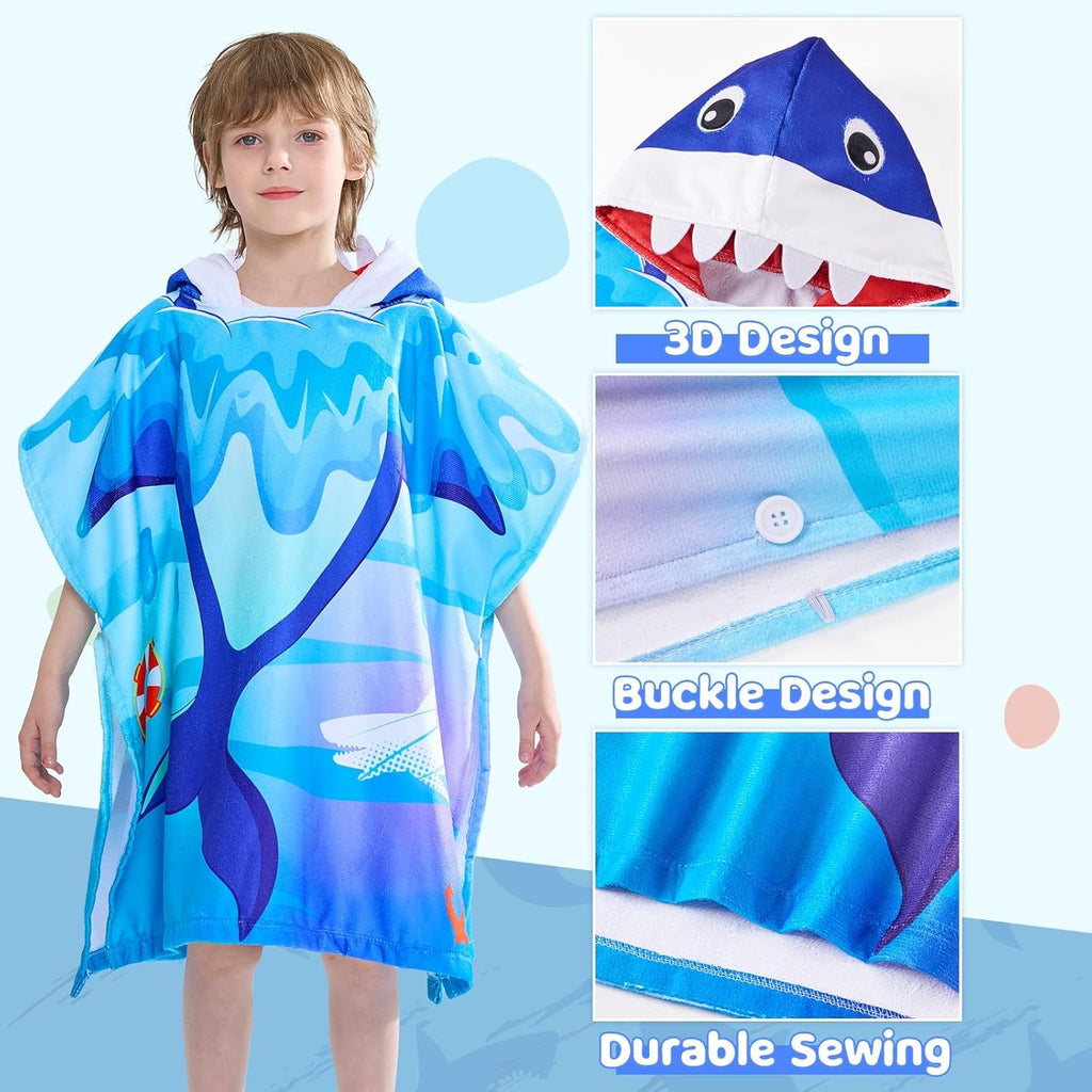 WERNNSAI Shark Kids Beach Towel - Hooded Towel Wrap 27"" x 27"" Kids Hooded Poncho Sand Free Beach Towel for Girls Bath Pool Quick Dry Soft Kids Bath Towel for Travel Shower Swim, Large