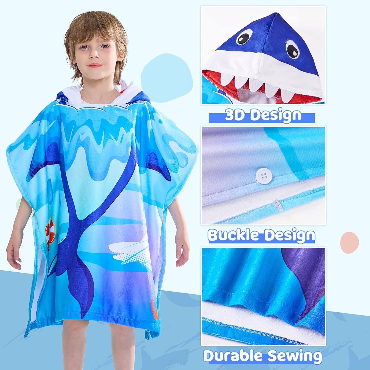 WERNNSAI Shark Kids Beach Towel - Hooded Towel Wrap 27"" x 27"" Kids Hooded Poncho Sand Free Beach Towel for Girls Bath Pool Quick Dry Soft Kids Bath Towel for Travel Shower Swim, Large