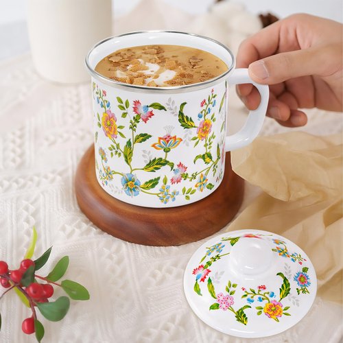 Jucoan Enamel Camping Mug Set of 4, 16 oz Vintage Enamel Metal Coffee Mug with Lid and Handle for Home Office Kitchen Outdoor Camping, Lightweight & Unbreakable Camp Coffee Tea Drinking Cup