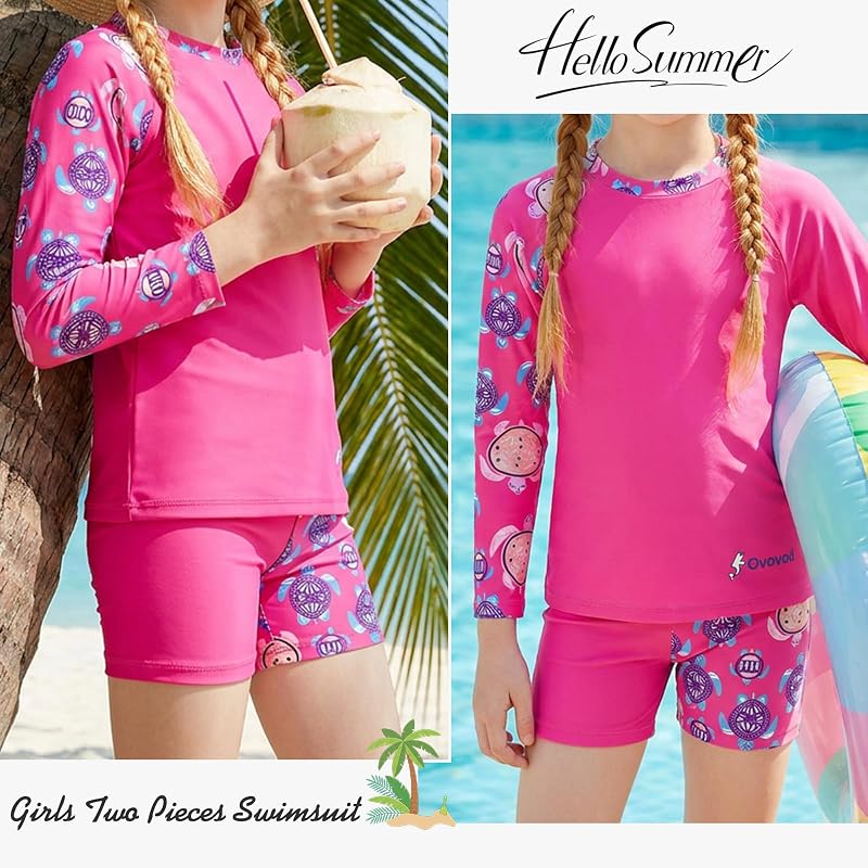 Girls Rash Guard Set 2-Piece Swimwear - Red Turtle, 13-14 Years