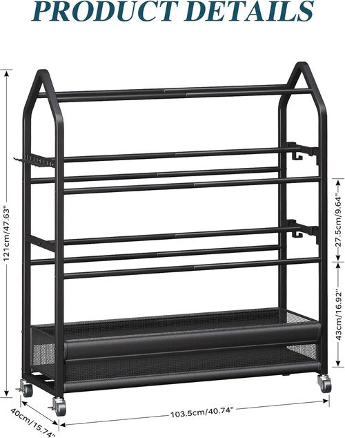 Homeiju Sports Equipment Organizer - Ball Storage Rack with Wheels & Hooks | Indoor/Outdoor Black Shelf