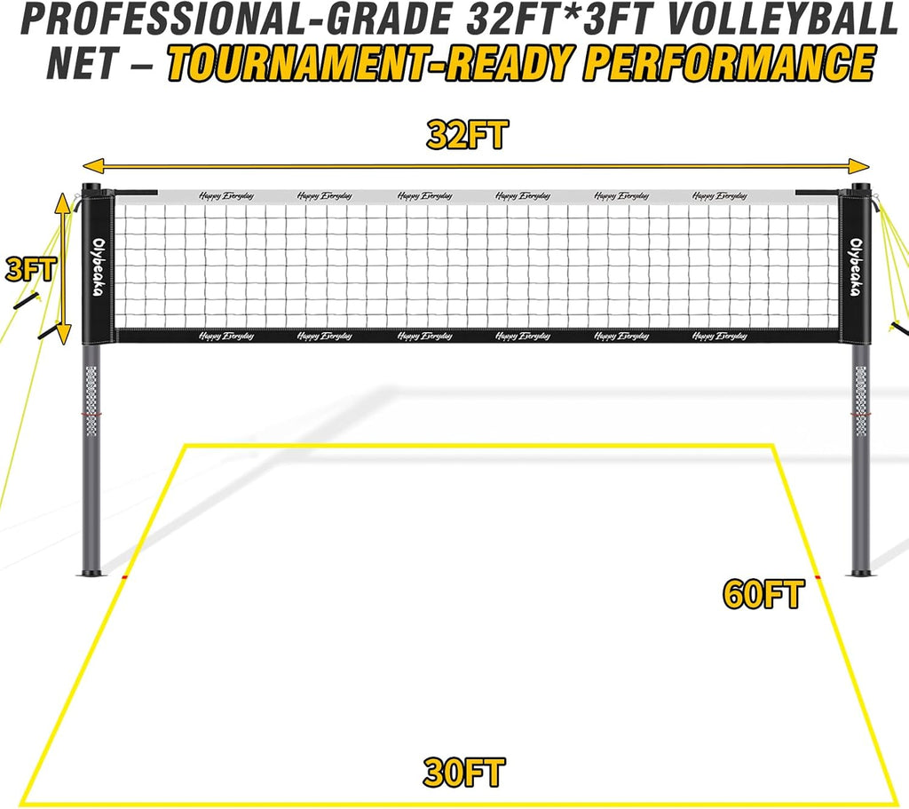 Skiennix 32ft Outdoor Volleyball Net Set - Adjustable Heavy Duty Poles, Durable 28-Ply Net, PU Volleyball & Pump Included