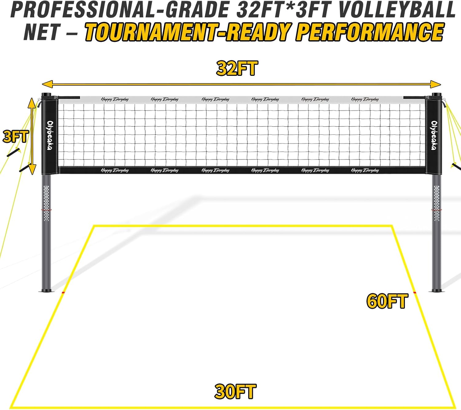 Skiennix 32ft Outdoor Volleyball Net Set - Adjustable Heavy Duty Poles, Durable 28-Ply Net, PU Volleyball & Pump Included
