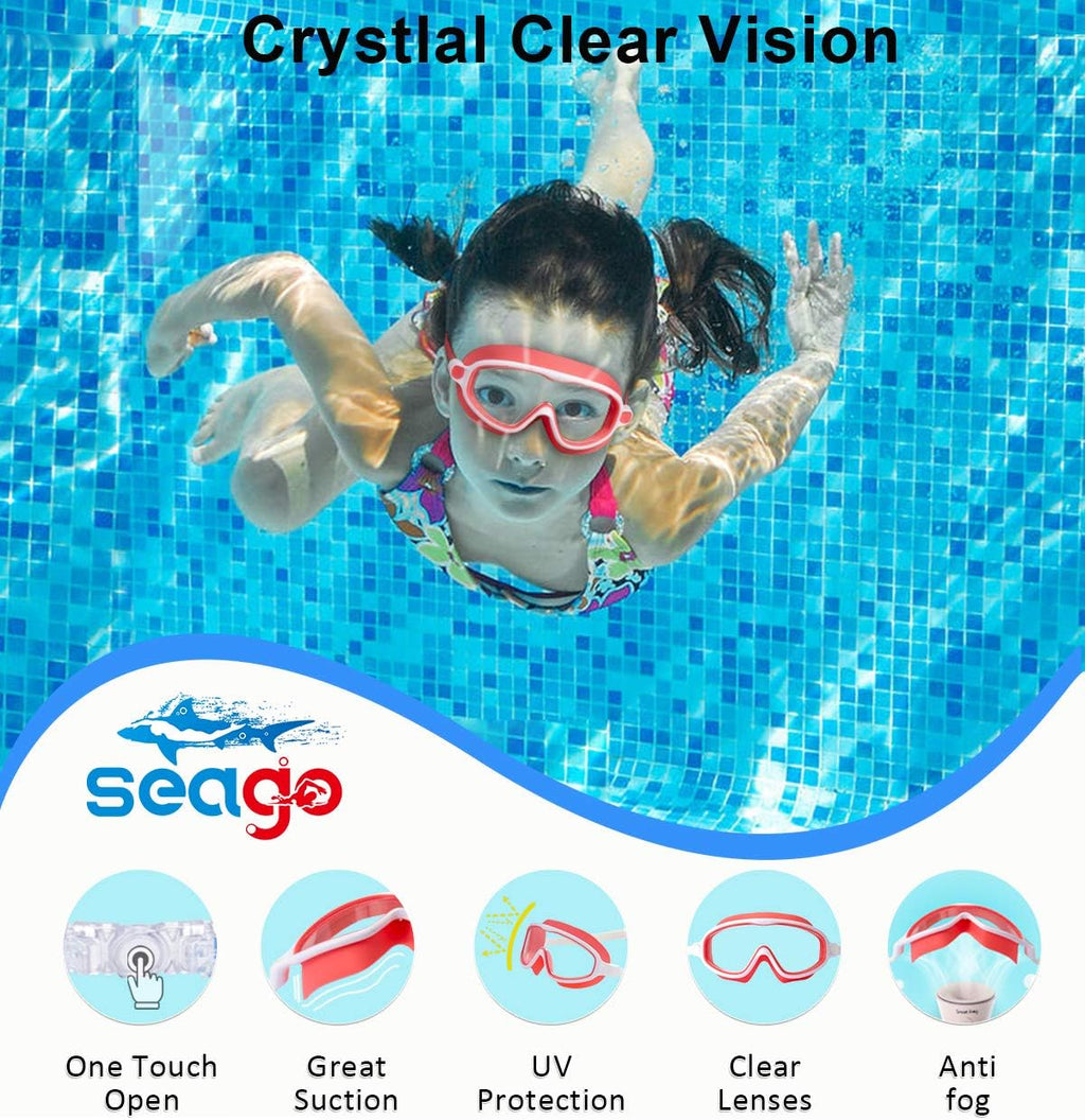 Seago Swim Goggles - Anti-Fog & Anti-UV Wide View Design for Kids Ages 3-15 | 2 Pack