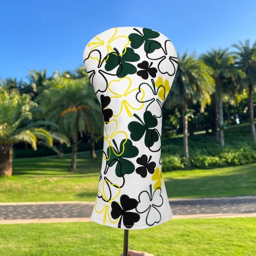 Irish Shamrock Golf Driver Headcover, White Leather Golf Club Covers for Driver,460cc Golf Driver Cover Head Cover for Women or Men Golfer