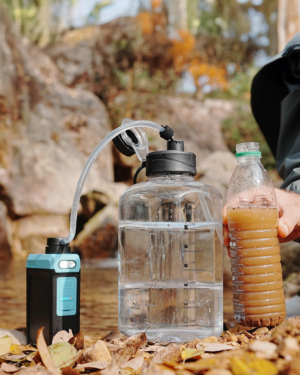 Skiennix 3-in-1 Solar Electric Water Filter - Portable Camping Water Purifier with Hand Pump & Emergency Light