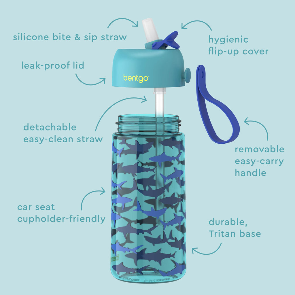 Bentgo Kids Water Bottle - Leak-Proof, Durable Tritan PFAS- & BPA-Free 15 fl oz, Kids/Toddlers Ages 3+ for School & Sports; Bite & Sip Spout, Carrying Handle, Dishwasher Safe (Sharks)