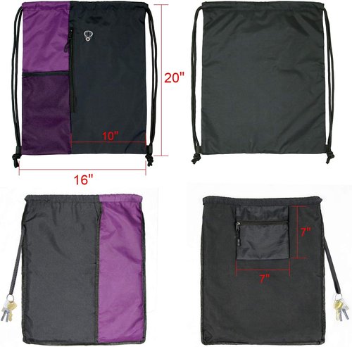BeeGreen Purple Drawstring Backpack - Large Cinch Sack Gym Bag with Zipper & Mesh Pockets, 16 x 20 Inch