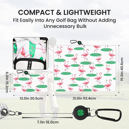 GKandi Golf Towels for Golf Bags Value 2 Pack 21"x16" and 12"x8" Set with Strong Magnetic Retractable Carabiner Microfiber Waffle Pattern Towel Lightweight Absorbent Gift for Women Ladies (Flamingo)