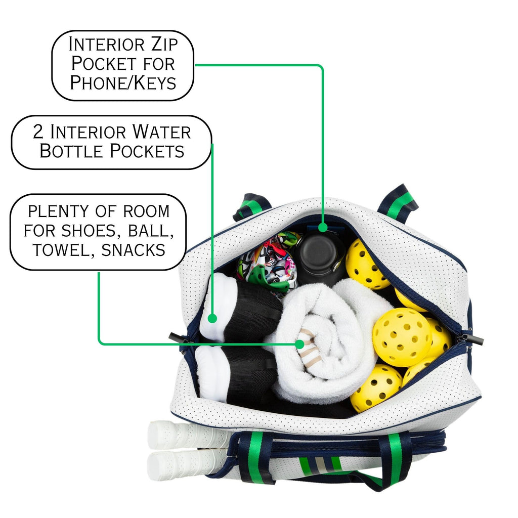 Queen of the Court Brooklyn Pickleball Bag with fence hook Cute Functional White Pickleball Tote Bag with Compartments for Water Bottle, Paddles, Balls & Accessories. (White Navy/Green/Silver)