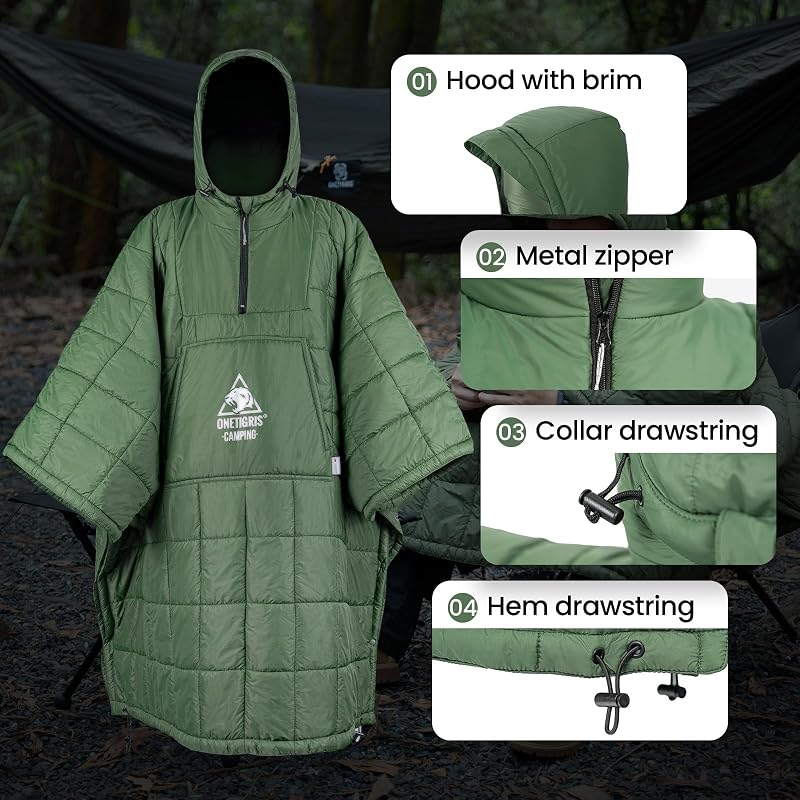 ONETIGRIS Camping Blanket Poncho - Wearable Hoodie Blanket (1pc, Green) - Outdoor Thermal Shawl
