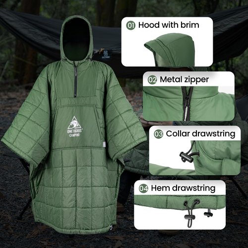 ONETIGRIS Camping Blanket Poncho with with Recycled Synthetic Insulation,Wearable Hoodie Blanket | Ultralight Water-Resistant Warm Camping Blanket for Outdoor, Hiking, Stadium