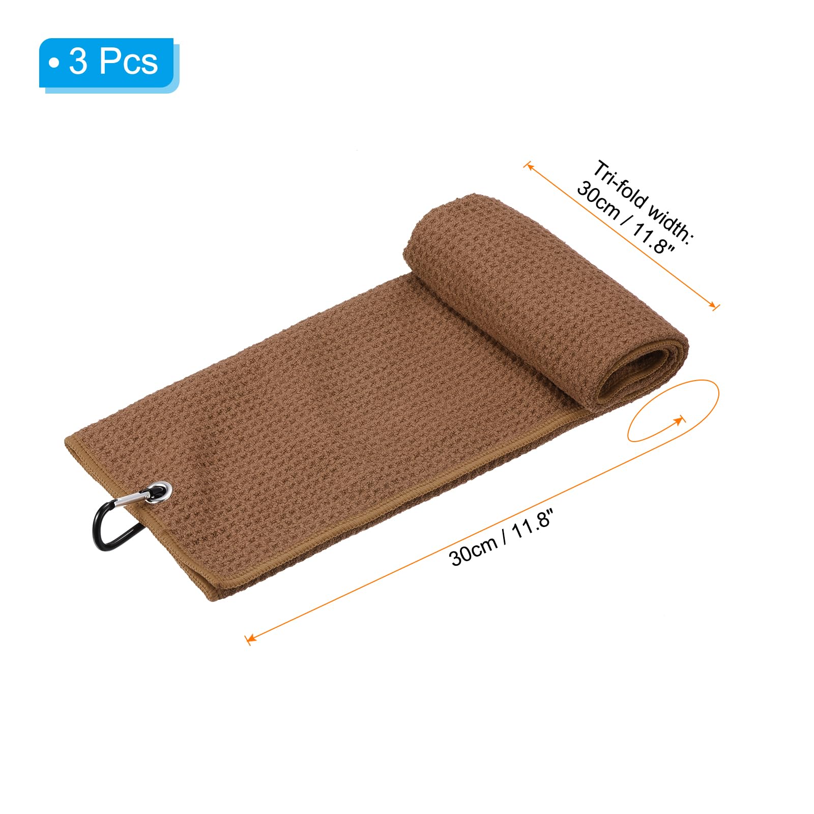 PATIKIL 12"x12" Tri-Fold Golf Towels, 3 Pack Waffle Pattern Towels Soft Fiber Strong Water Absorption with D Clip for Golf Lovers, Brown