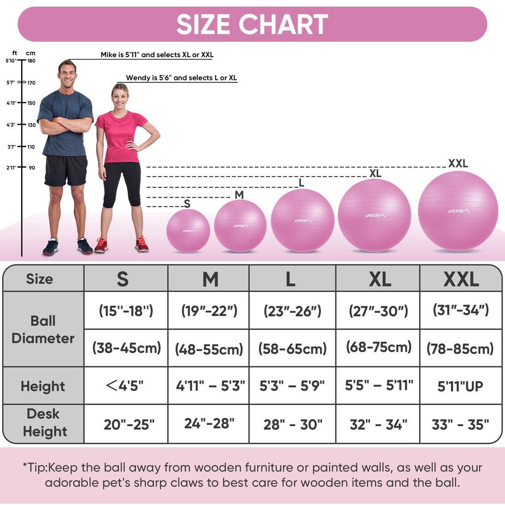 APEXUP Yoga Ball, 660 lbs Anti-Burst Exercise Ball with Pump, 5 Sizes (M (19"~22) 55cm, Fuschia)