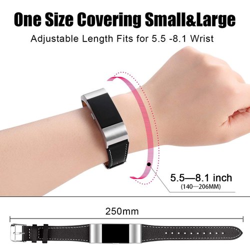 Mornex Replacement Leather Band Compatible with Fitbit Charge 2, Classic Genuine Leather Wristband for Men Women(Black-Silver Buckle)