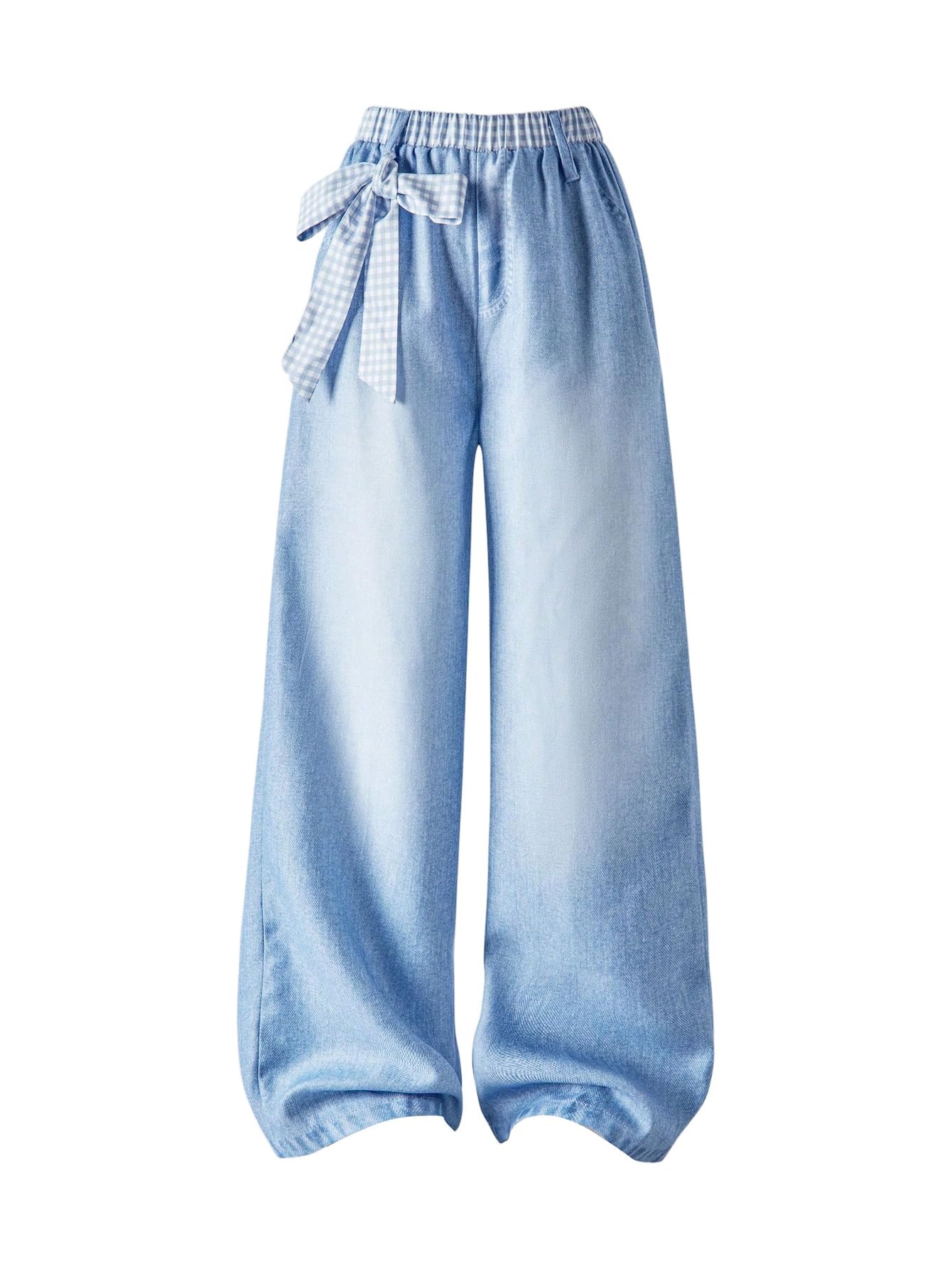 OYOANGLE Girl's Elastic Waist Baggy Pants Cute Bow Loose Wide Leg Palazzo Trousers Blue 8Y