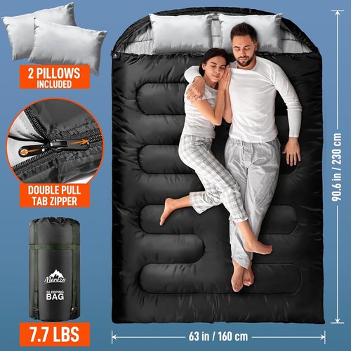 MEREZA Double Sleeping Bag - XL Queen Size for Adults | All-Season Comfort for Camping & Hiking