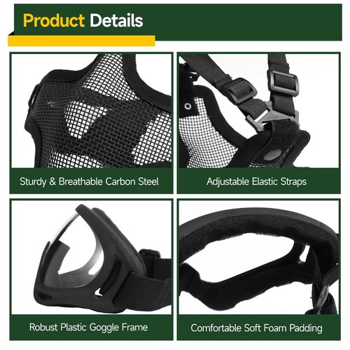 Strategical Protective Gear Set, Carbon Steel Half-face Mesh Cover with Sports Goggle for Men Women, Adjustable Strategical Gear for Shooting, Paintball, CS Games, Costume Parties