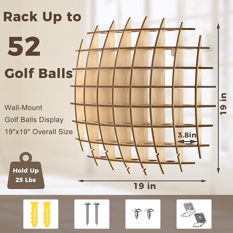 Wall-Mounted Golf Ball Display Case, 52-Ball Wooden Holder Rack