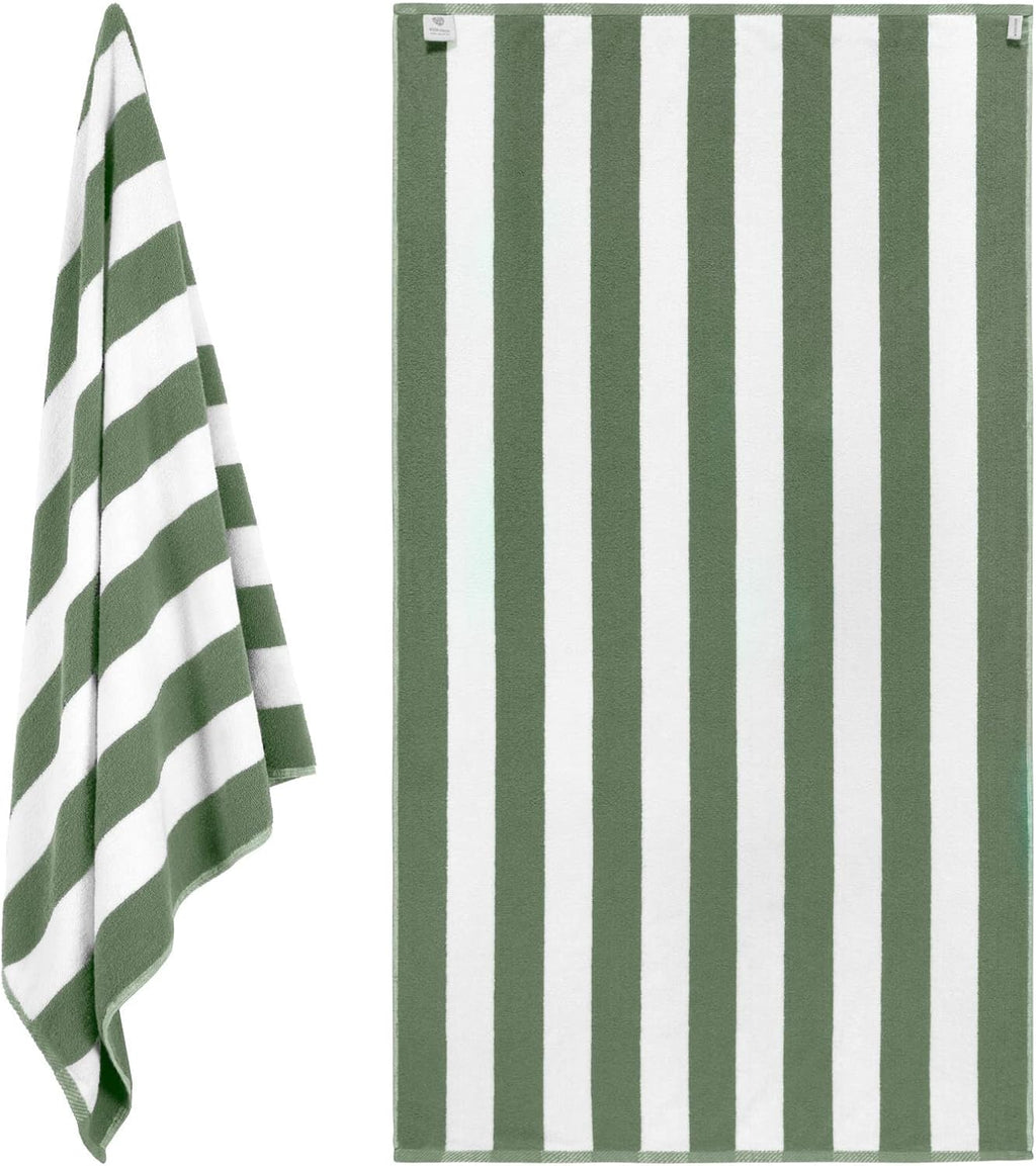 Regine Switzerland Oversized Cabana Stripe Beach Towels - Luxury Plush Quick-Dry Cotton 35x70 in Khaki Green | 2 Pack