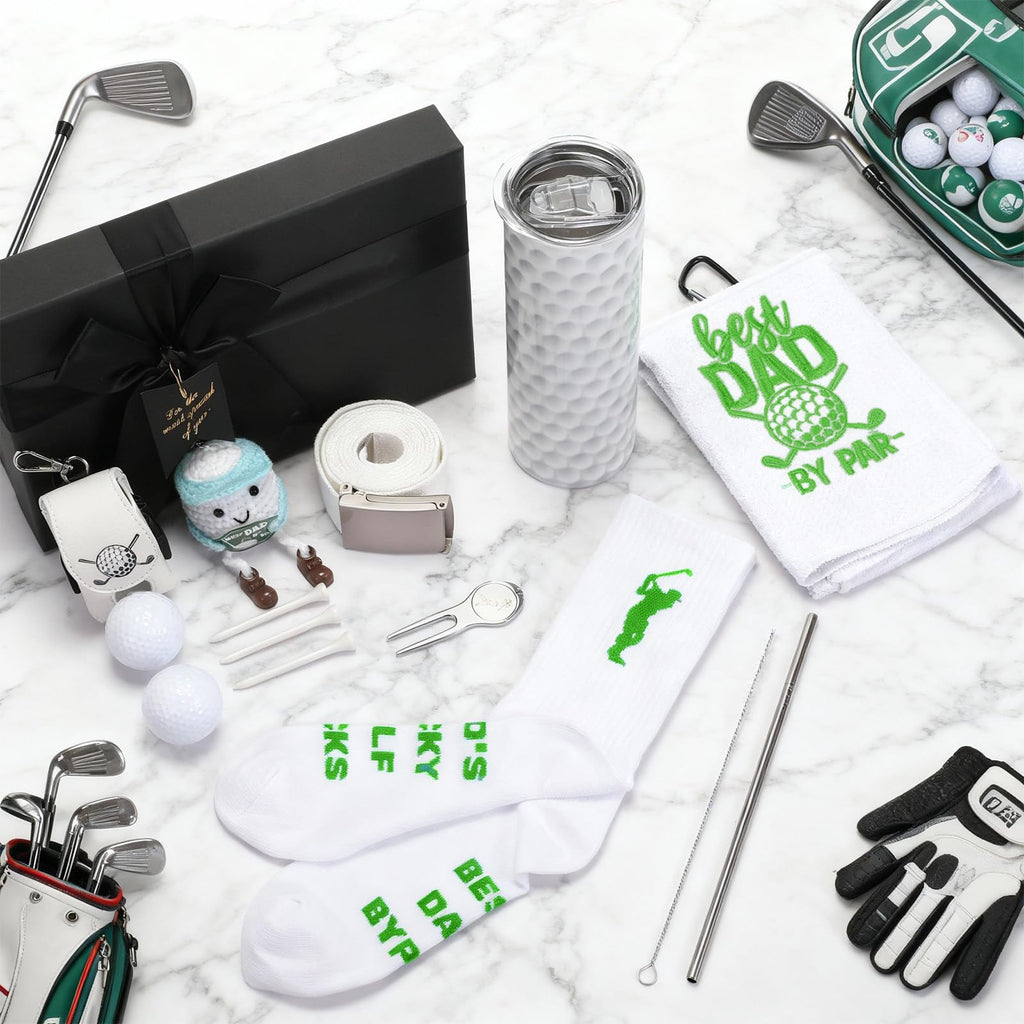 Patelai White Golf Gifts for Men Funny Golfing Accessories Gifts Set for Golfer Lovers Includes Golf Balls Tumbler Portable Bag Tees Metal Divot Repair Tool Towel Sash Socks Father Day Favor