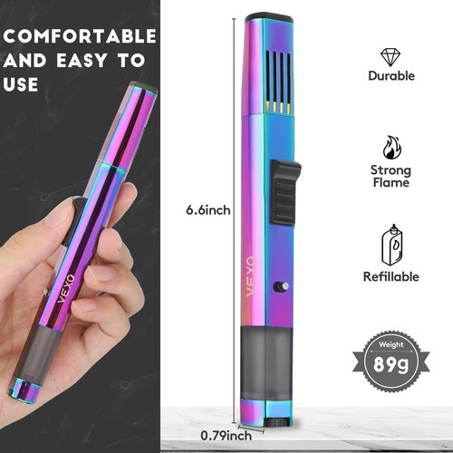 VEXO Torch Lighter Jet Flame Refillable Butane Lighter with Safety Lock, Visible Gas Window, Torch Refill Adapter for Grill BBQ Candle Camping (Butane NOT Included) (Rainbow)