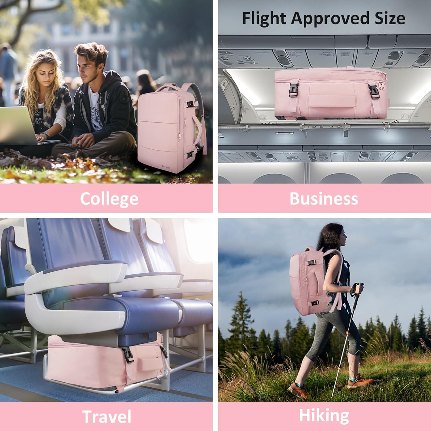 Taygeer Travel Backpack - Women’s Carry-On with Water Bottle Pocket & Shoe Pouch - 15.6" Laptop, Pink