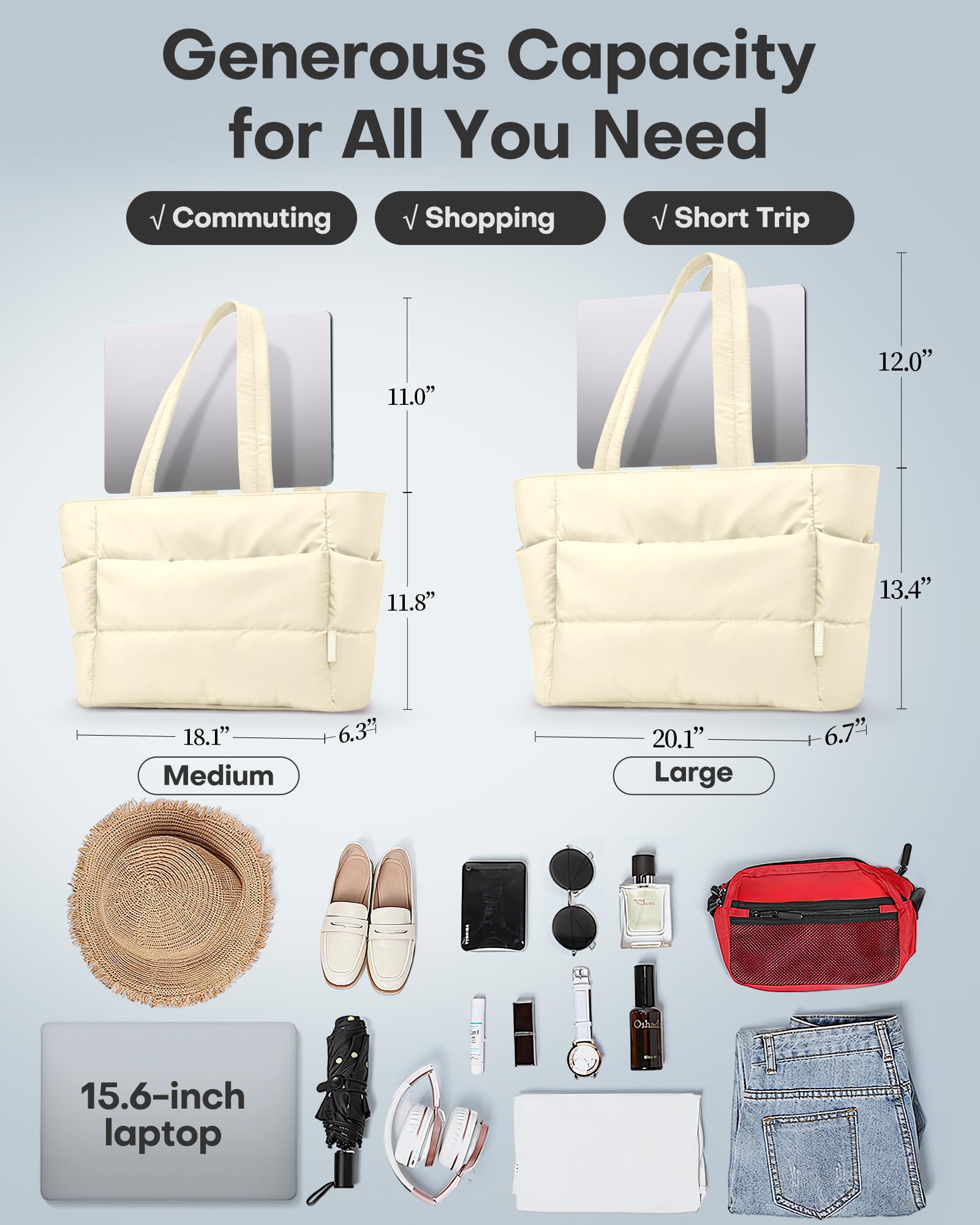 HOTOR Puffer Tote Bag for Women, Nurses - Multi-Pocket Lightweight Bag for Work - Quilted Handbag for Travel and Gym, Beige, 20.1" x 6.7" x 13.4"