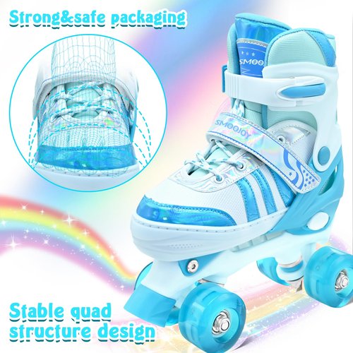 SMOOJOY Roller Skates for Girls Kids Boys,4 Size Adjustable Indoor Outdoor Blue Quad Rollerskates with Light up Wheels for Beginners Ages 6-12