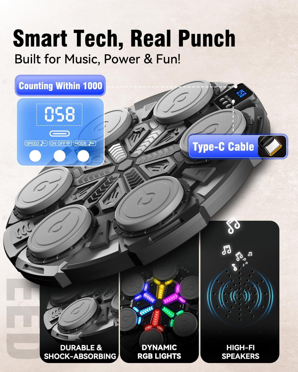 Skiennix Music Punching Machine - Bluetooth Wall Boxing Pad with Rhythm Lights & 3 Speed Modes | Home Fitness Equipment for Kids & Adults
