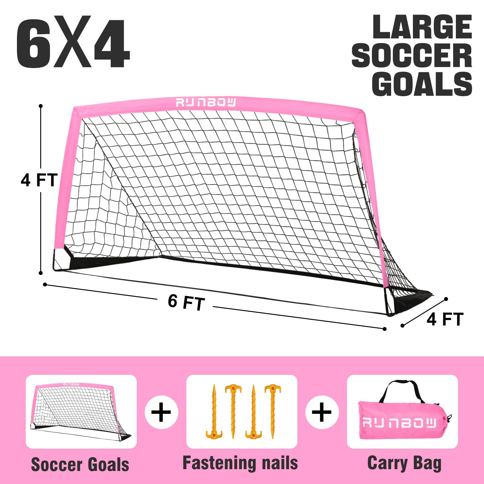 RUNBOW 6x4 ft Portable Kids Soccer Goal for Backyard Practice Soccer Net with Carry Bag (6x4 FT, 1 Pack, Pink)