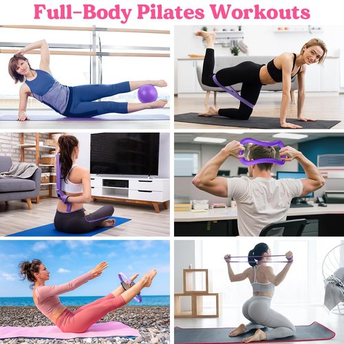 Karltion Pilates Ring 13 Piece Set,Pilates Kit for Women Exercise Equipment Accessories Deformation Magic Circle with Padded Handles, Workouts Ball, Guide & Bag, Resistance Bands for Legs Arms-Purple
